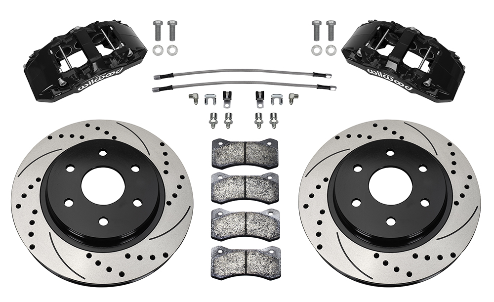 Wilwood AERO6-DM Direct-Mount Truck Front Brake Kit Parts Laid Out - Black Powder Coat Caliper - SRP Drilled & Slotted Rotor