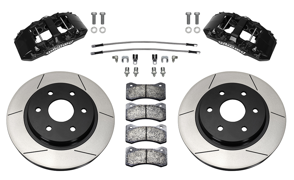 Wilwood AERO6-DM Direct-Mount Truck Front Brake Kit Parts Laid Out - Black Powder Coat Caliper - GT Slotted Rotor