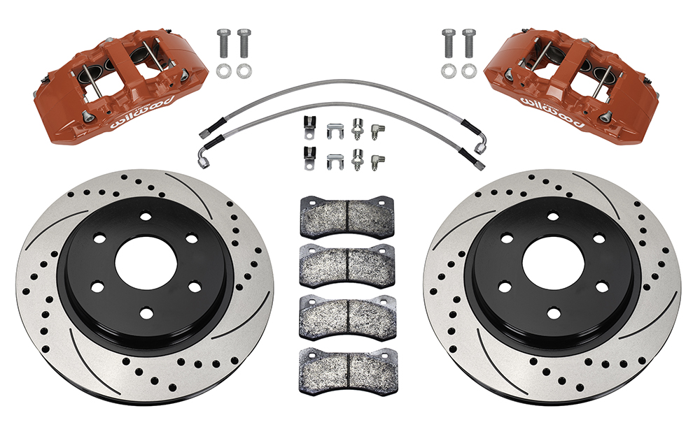 Wilwood AERO6-DM Direct-Mount Truck Front Brake Kit Parts Laid Out - Red Powder Coat Caliper - SRP Drilled & Slotted Rotor