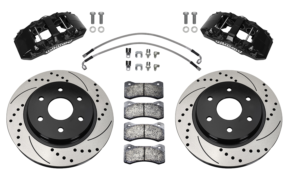 Wilwood AERO6-DM Direct-Mount Truck Front Brake Kit Parts Laid Out - Black Powder Coat Caliper - SRP Drilled & Slotted Rotor