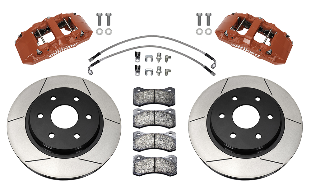 Wilwood AERO6-DM Direct-Mount Truck Front Brake Kit Parts Laid Out - Red Powder Coat Caliper - GT Slotted Rotor