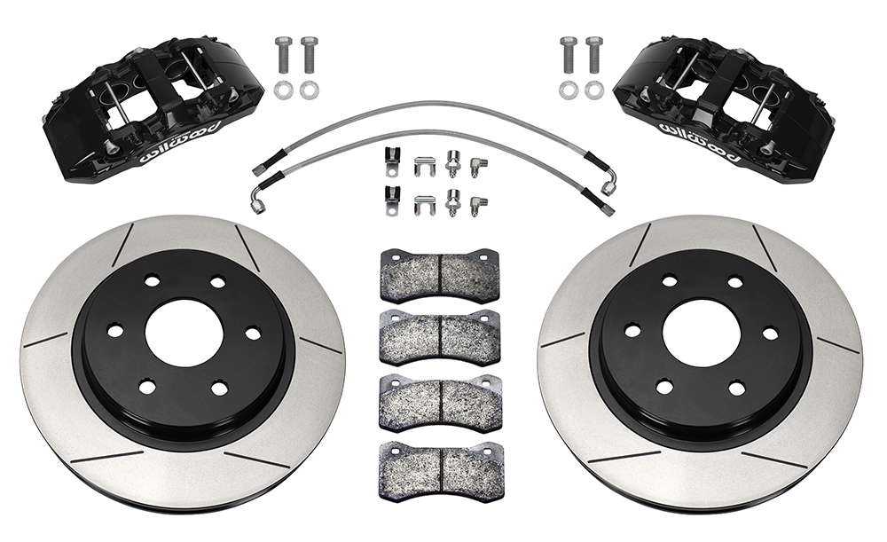 Wilwood AERO6-DM Direct-Mount Truck Front Brake Kit Parts Laid Out - Black Powder Coat Caliper - GT Slotted Rotor