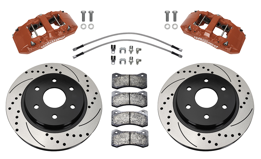 Wilwood AERO6-DM Direct-Mount Truck Front Brake Kit Parts Laid Out - Red Powder Coat Caliper - SRP Drilled & Slotted Rotor