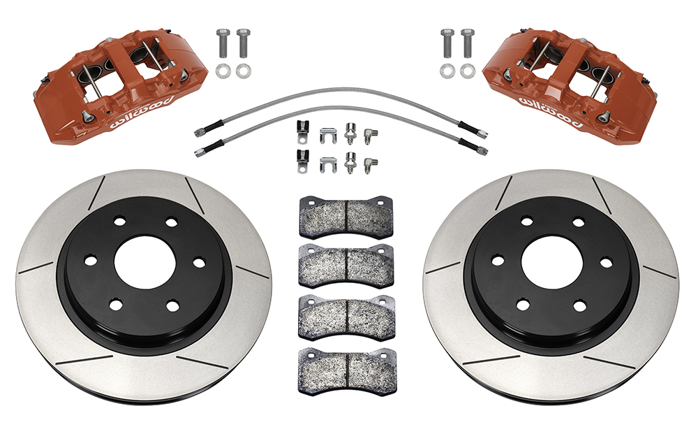 Wilwood AERO6-DM Direct-Mount Truck Front Brake Kit Parts Laid Out - Red Powder Coat Caliper - GT Slotted Rotor