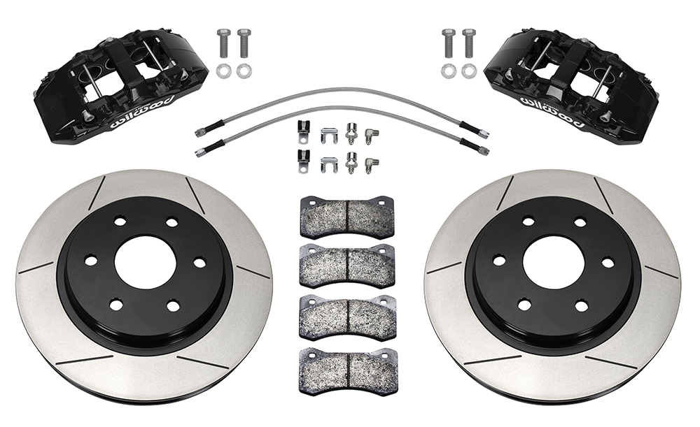 Wilwood AERO6-DM Direct-Mount Truck Front Brake Kit Parts Laid Out - Black Powder Coat Caliper - GT Slotted Rotor