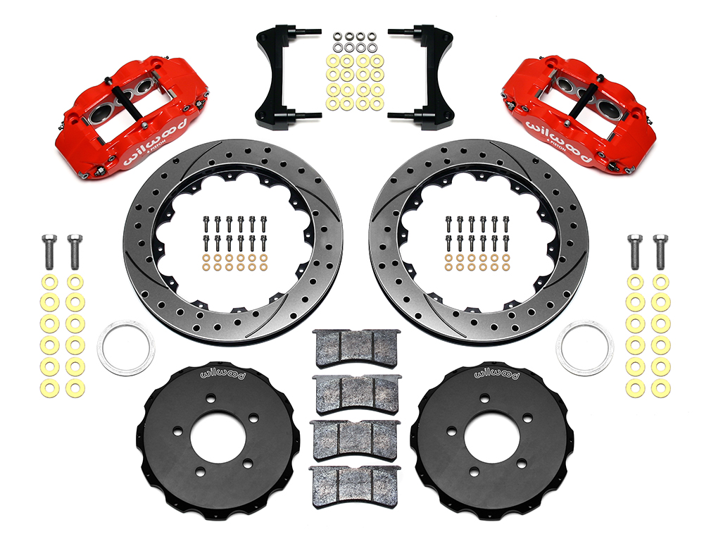 Wilwood Forged Narrow Superlite 6R Big Brake Front Brake Kit (Hat) Parts Laid Out - Red Powder Coat Caliper - SRP Drilled & Slotted Rotor