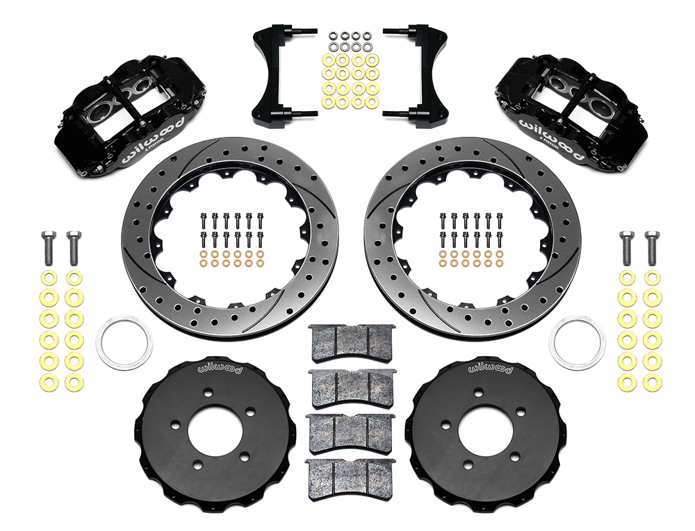 Wilwood Forged Narrow Superlite 6R Big Brake Front Brake Kit (Hat) Parts Laid Out - Black Powder Coat Caliper - SRP Drilled & Slotted Rotor