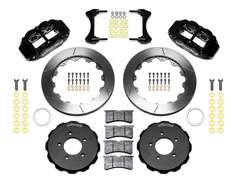 Wilwood Forged Narrow Superlite 6R Big Brake Front Brake Kit (Hat) Parts Laid Out - Black Powder Coat Caliper - GT Slotted Rotor