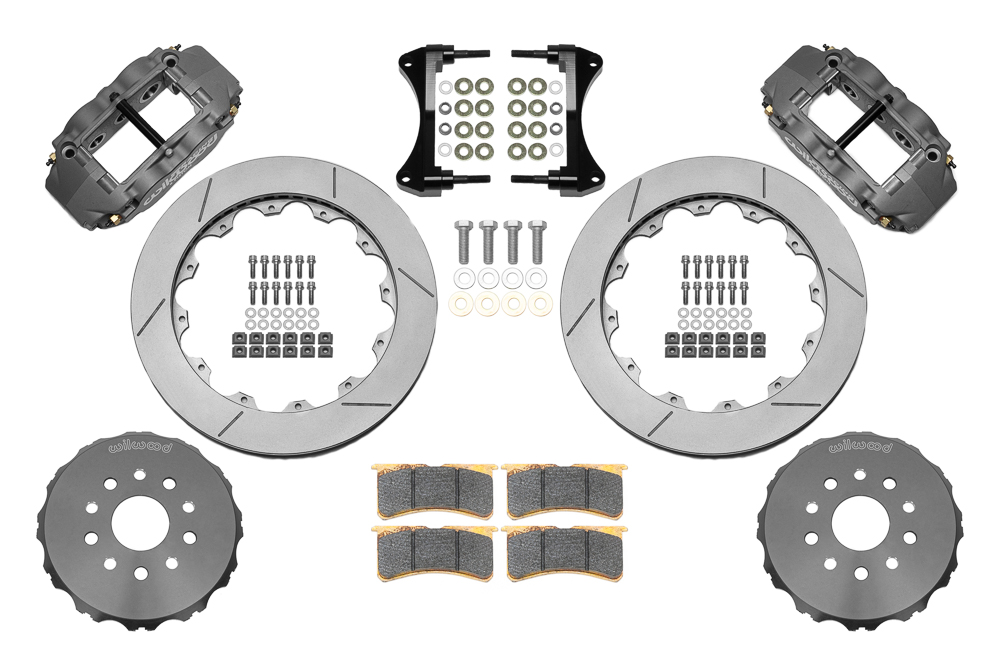 Wilwood Forged Narrow Superlite 6R Big Brake Front Brake Kit (Race) Parts Laid Out - Type III Anodize Caliper - GT Slotted Rotor