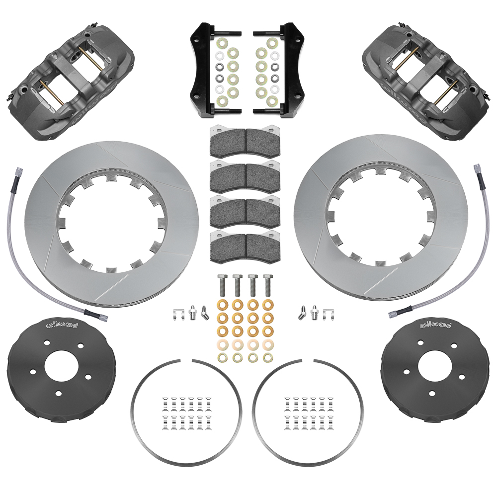 Wilwood AERO6 Big Brake Front Brake Kit (Race) Parts Laid Out - Type III Anodize Caliper - GT Slotted Rotor