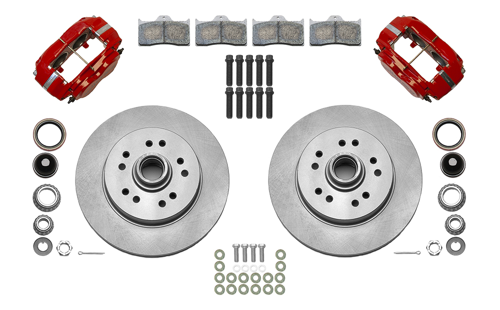 Wilwood Classic Series Dynalite Front Brake Kit Parts Laid Out - Red Powder Coat Caliper - Plain Face Rotor