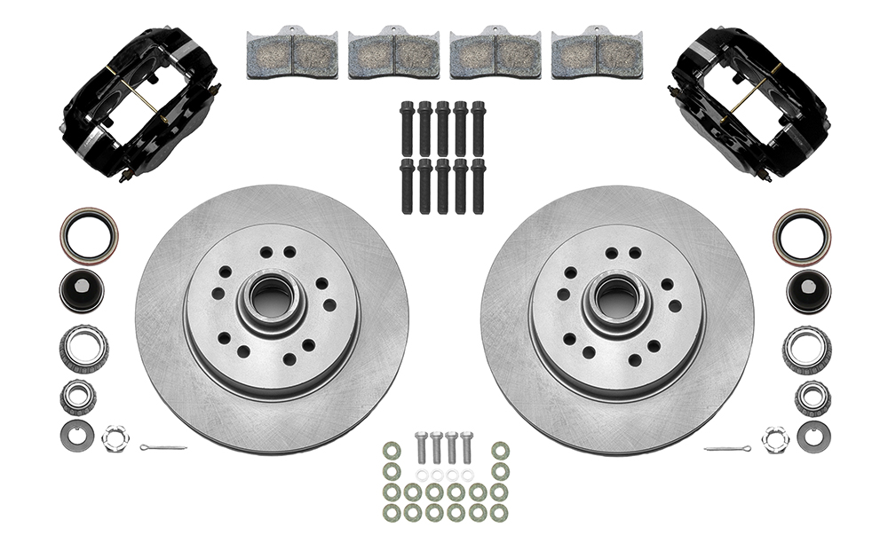 Wilwood Classic Series Dynalite Front Brake Kit Parts Laid Out - Black Powder Coat Caliper - Plain Face Rotor