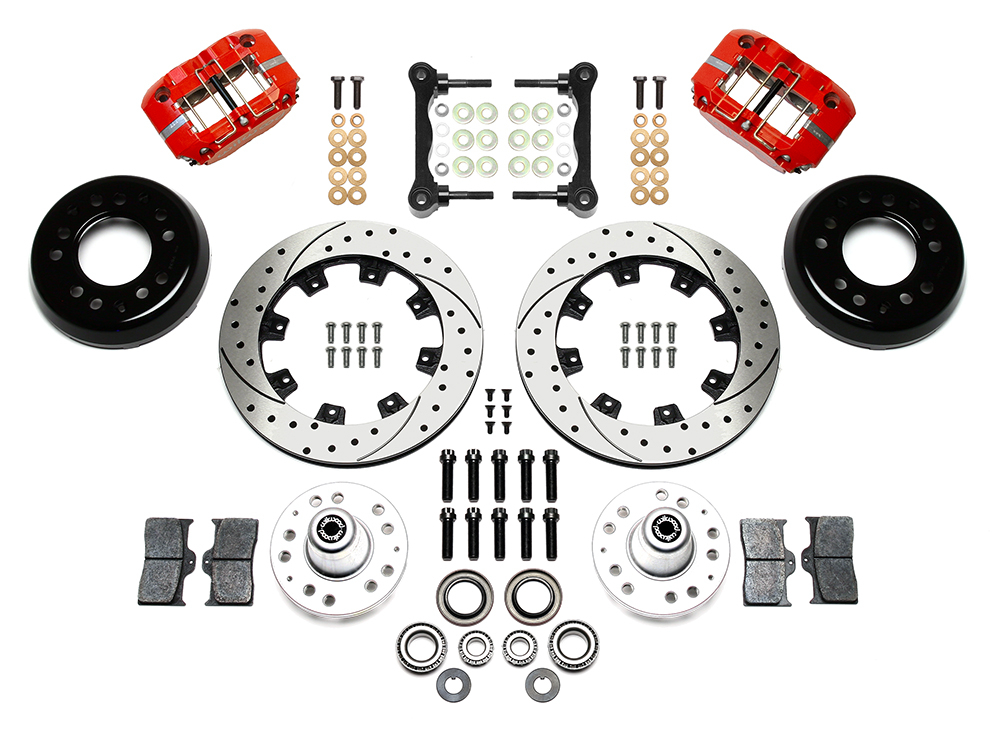 Wilwood Dynapro Radial Big Brake Front Brake Kit (Hub) Parts Laid Out - Red Powder Coat Caliper - SRP Drilled & Slotted Rotor