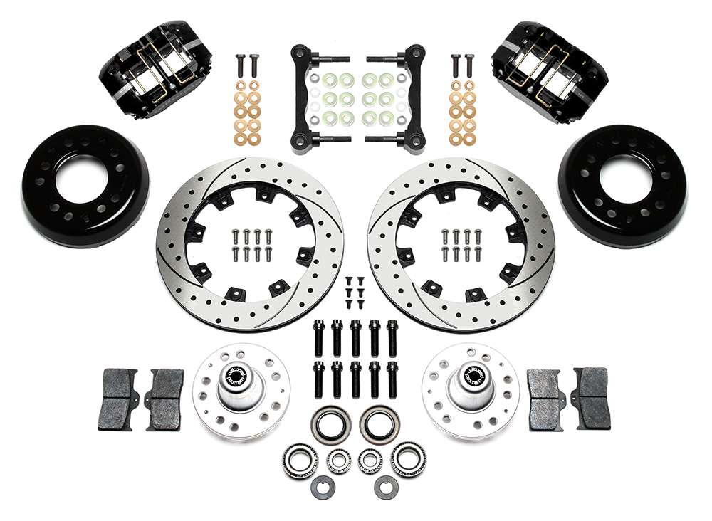 Wilwood Dynapro Radial Big Brake Front Brake Kit (Hub) Parts Laid Out - Black Powder Coat Caliper - SRP Drilled & Slotted Rotor