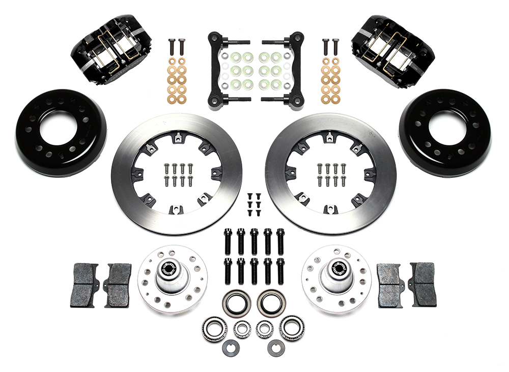 Wilwood Dynapro Radial Big Brake Front Brake Kit (Hub) Parts Laid Out - Black Powder Coat Caliper - Plain Face Rotor