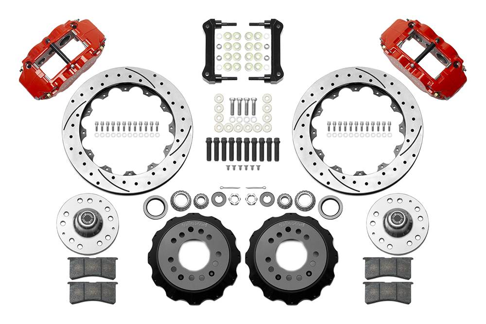 Wilwood Forged Narrow Superlite 6R Big Brake Front Brake Kit (Hub) Parts Laid Out - Red Powder Coat Caliper - SRP Drilled & Slotted Rotor