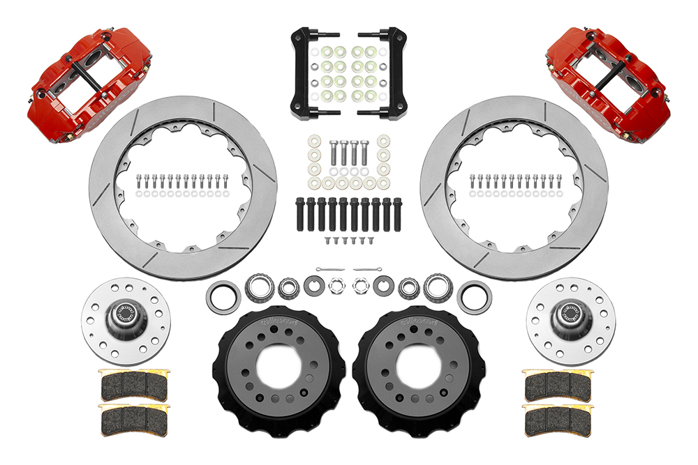 Wilwood Forged Narrow Superlite 6R Big Brake Front Brake Kit (Hub) Parts Laid Out - Red Powder Coat Caliper - GT Slotted Rotor