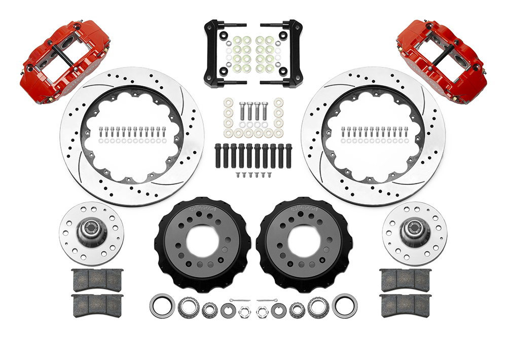 Wilwood Forged Narrow Superlite 6R Big Brake Front Brake Kit (Hub) Parts Laid Out - Red Powder Coat Caliper - SRP Drilled & Slotted Rotor