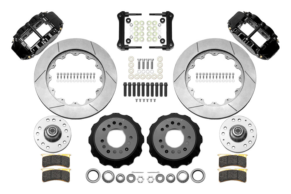 Wilwood Forged Narrow Superlite 6R Big Brake Front Brake Kit (Hub) Parts Laid Out - Black Powder Coat Caliper - GT Slotted Rotor