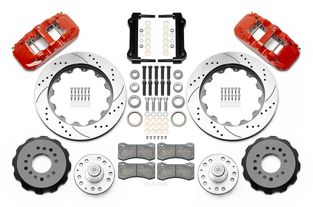 Wilwood AERO6 Big Brake Front Brake Kit Parts Laid Out - Red Powder Coat Caliper - SRP Drilled & Slotted Rotor