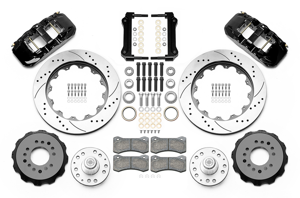 Wilwood AERO6 Big Brake Front Brake Kit Parts Laid Out - Black Powder Coat Caliper - SRP Drilled & Slotted Rotor