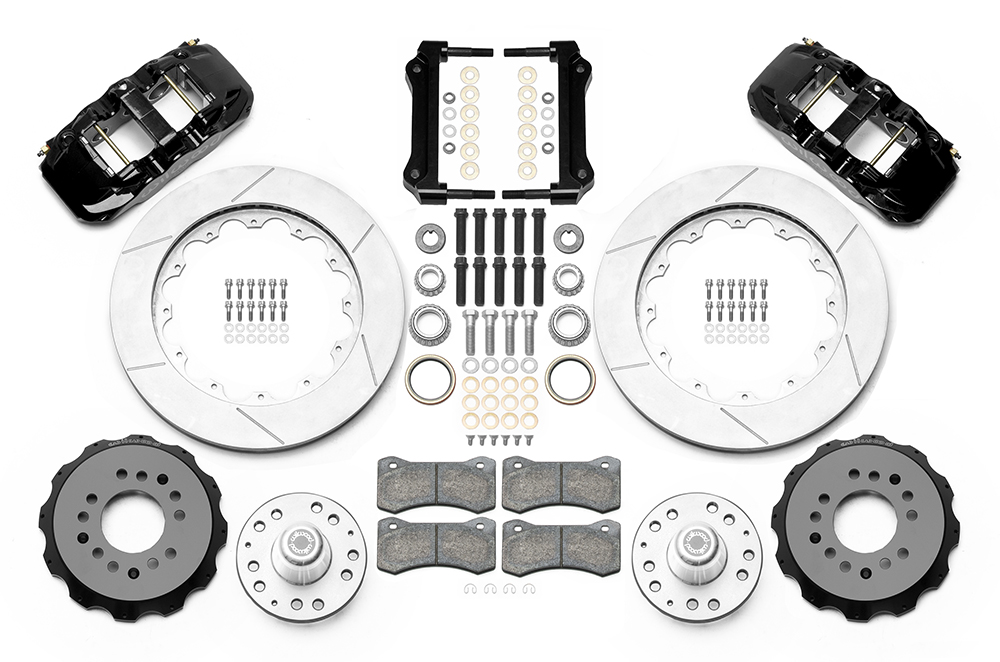 Wilwood AERO6 Big Brake Front Brake Kit Parts Laid Out - Black Powder Coat Caliper - GT Slotted Rotor