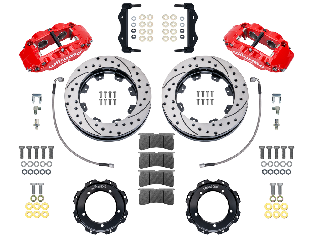 Wilwood Forged Narrow Superlite 4R Front Brake Kit Parts Laid Out - Red Powder Coat Caliper - SRP Drilled & Slotted Rotor