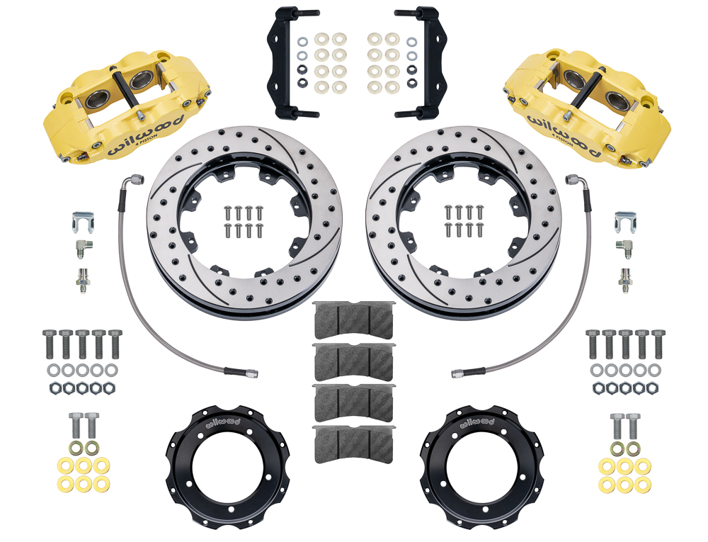 Wilwood Forged Narrow Superlite 4R Front Brake Kit Parts Laid Out - Yellow Powder Coat Caliper - SRP Drilled & Slotted Rotor