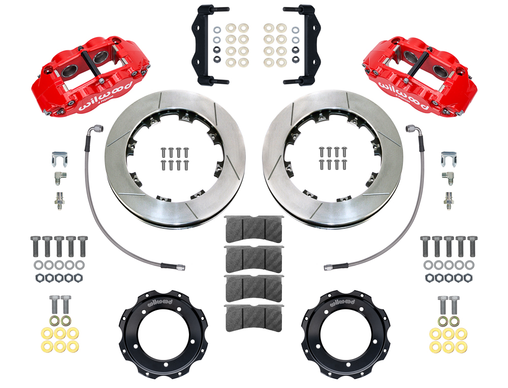 Wilwood Forged Narrow Superlite 4R Front Brake Kit Parts Laid Out - Red Powder Coat Caliper - GT Slotted Rotor