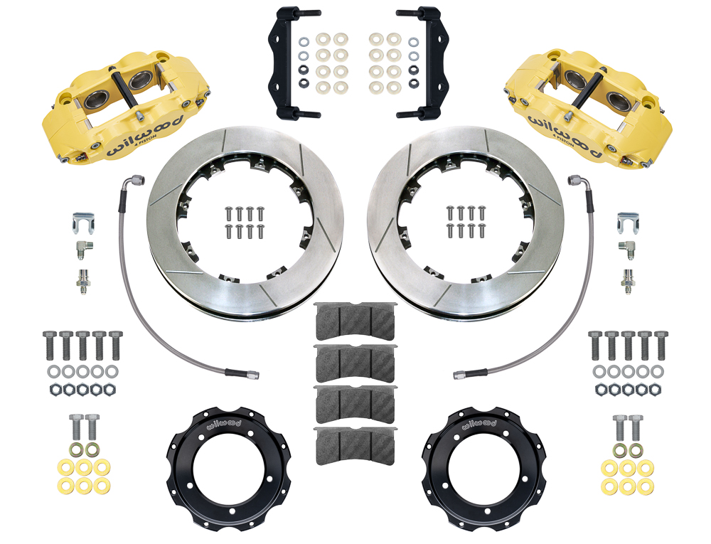 Wilwood Forged Narrow Superlite 4R Front Brake Kit Parts Laid Out - Yellow Powder Coat Caliper - GT Slotted Rotor
