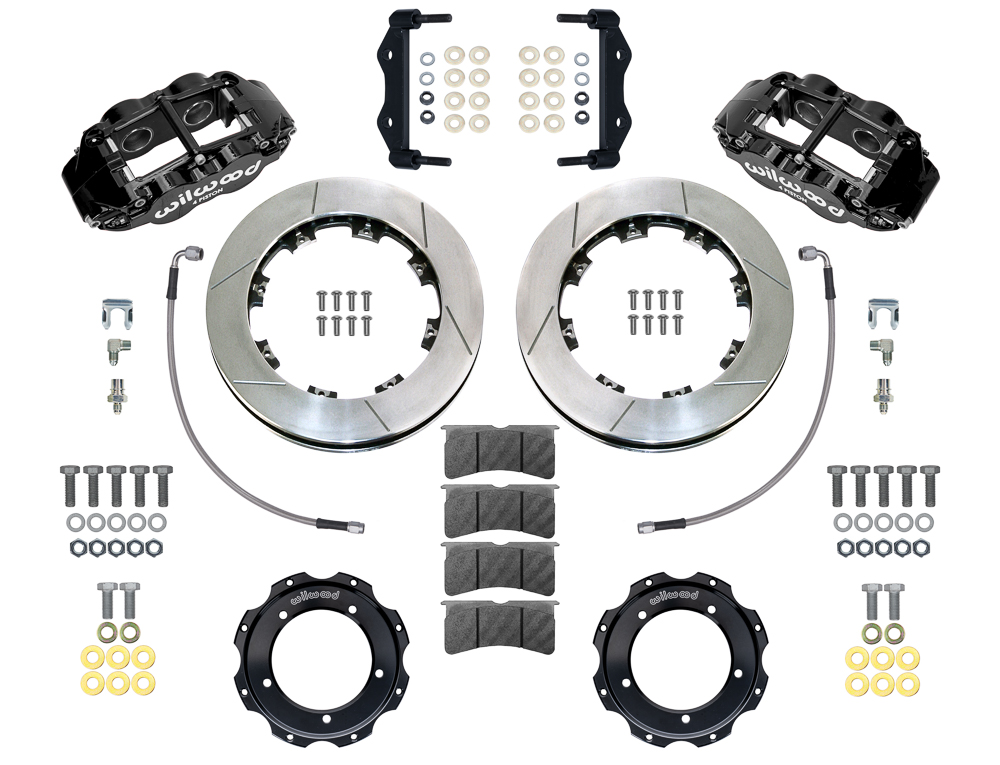 Wilwood Forged Narrow Superlite 4R Front Brake Kit Parts Laid Out - Black Powder Coat Caliper - GT Slotted Rotor