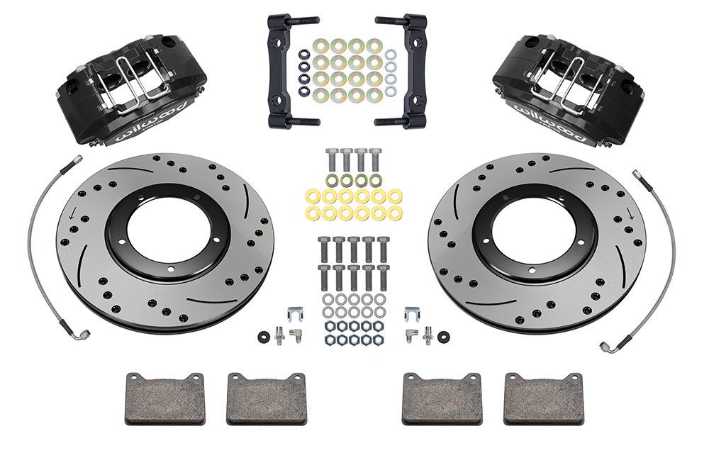 Wilwood Powerlite Front Brake Kit Parts Laid Out - Black Powder Coat Caliper - SRP Drilled & Slotted Rotor