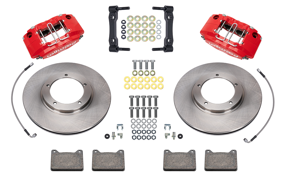 Wilwood Powerlite Front Brake Kit Parts Laid Out - Red Powder Coat Caliper - Plain Face Rotor