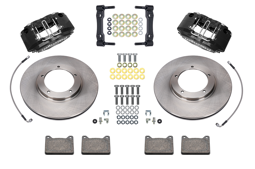 Wilwood Powerlite Front Brake Kit Parts Laid Out - Black Powder Coat Caliper - Plain Face Rotor