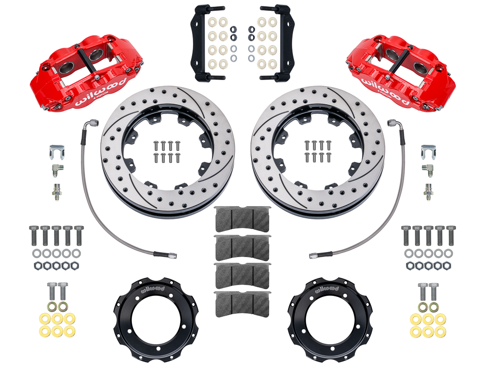 Wilwood Forged Narrow Superlite 4R Front Brake Kit Parts Laid Out - Red Powder Coat Caliper - SRP Drilled & Slotted Rotor