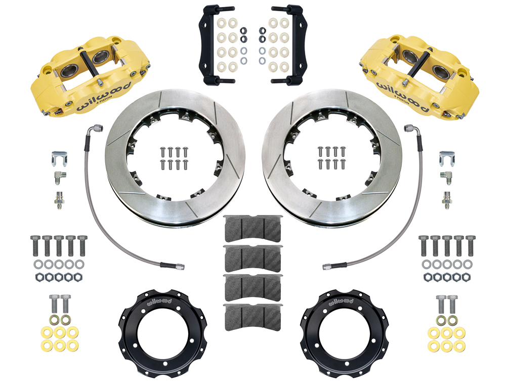 Wilwood Forged Narrow Superlite 4R Front Brake Kit Parts Laid Out - Yellow Powder Coat Caliper - GT Slotted Rotor