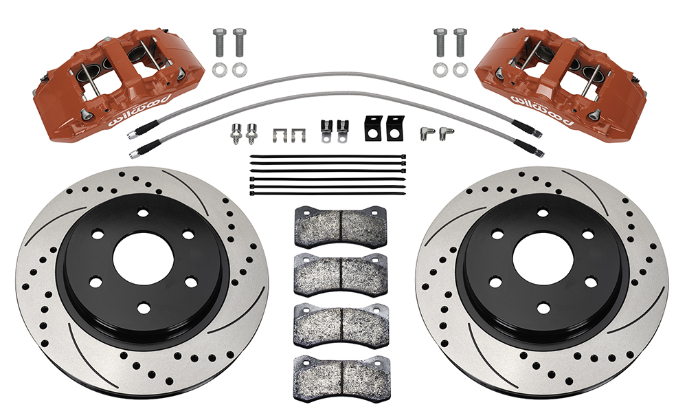 Wilwood AERO6-DM Direct-Mount Truck Front Brake Kit Parts Laid Out - Red Powder Coat Caliper - SRP Drilled & Slotted Rotor