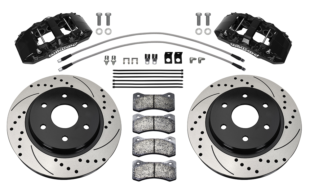 Wilwood AERO6-DM Direct-Mount Truck Front Brake Kit Parts Laid Out - Black Powder Coat Caliper - SRP Drilled & Slotted Rotor