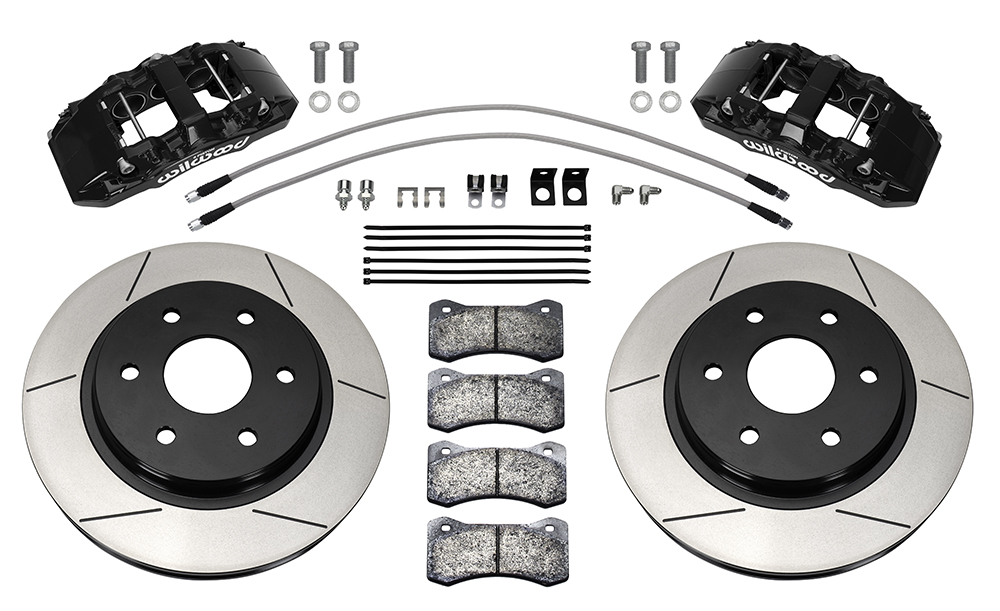 Wilwood AERO6-DM Direct-Mount Truck Front Brake Kit Parts Laid Out - Black Powder Coat Caliper - GT Slotted Rotor