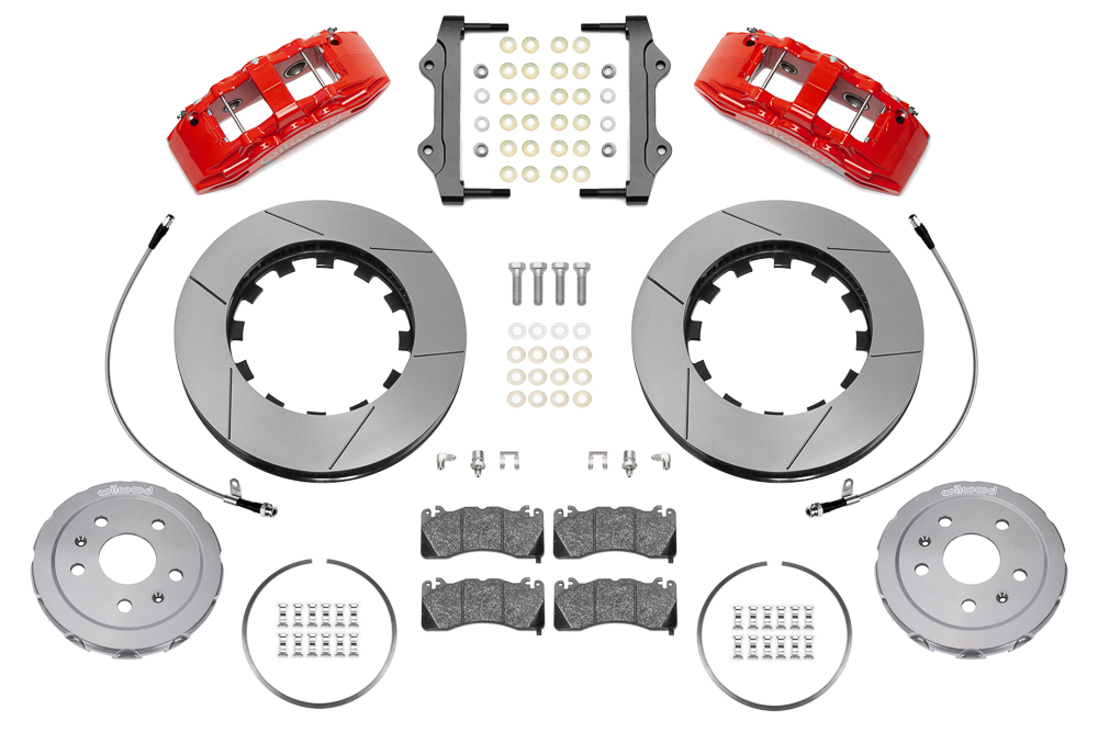 Wilwood SX6R Big Brake Dynamic Front Brake Kit Parts Laid Out - Red Powder Coat Caliper - GT Slotted Rotor