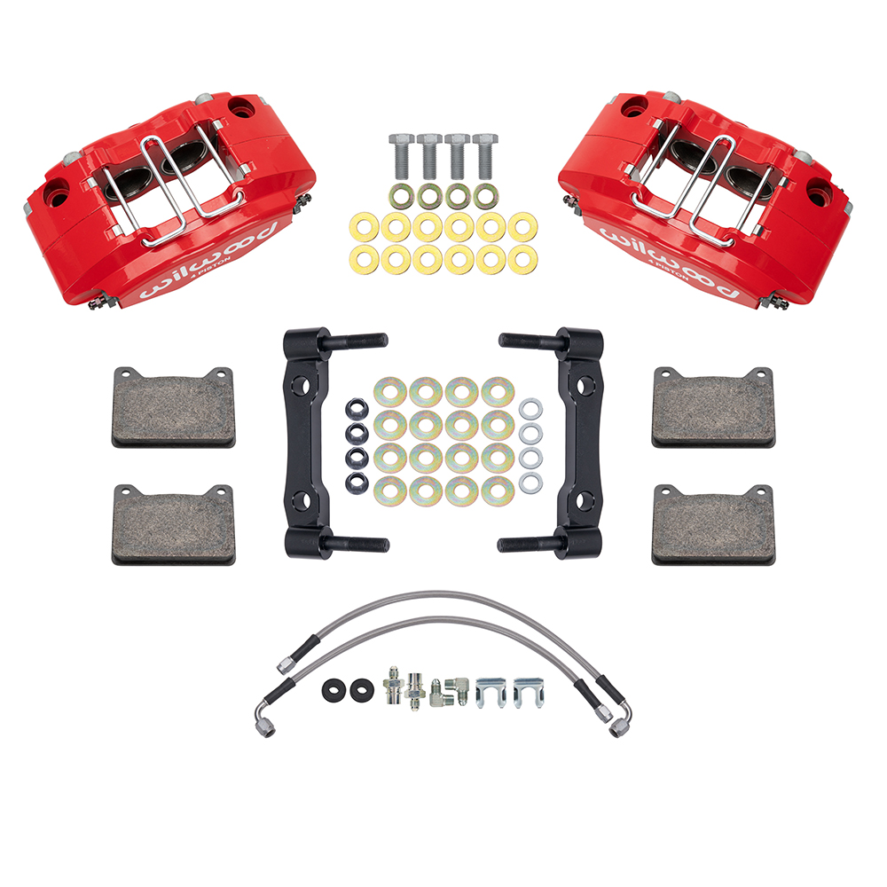 Wilwood Powerlite Front Caliper and Bracket Kit Parts Laid Out - Red Powder Coat Caliper