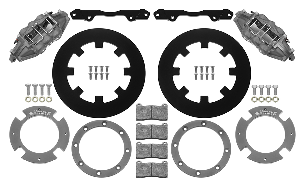 Wilwood UTV6 Front Brake Kit (Race) Parts Laid Out - Type III Anodize Caliper - Plain Face Rotor