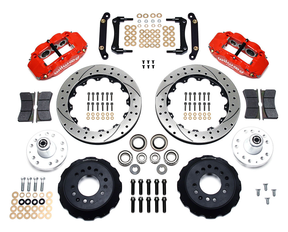 Wilwood Forged Narrow Superlite 6R Big Brake Front Brake Kit (Hub) Parts Laid Out - Red Powder Coat Caliper - SRP Drilled & Slotted Rotor