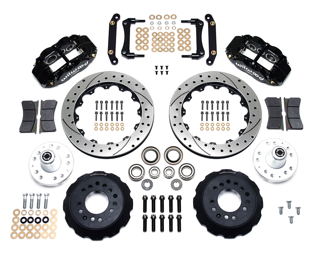 Wilwood Forged Narrow Superlite 6R Big Brake Front Brake Kit (Hub) Parts Laid Out - Black Powder Coat Caliper - SRP Drilled & Slotted Rotor