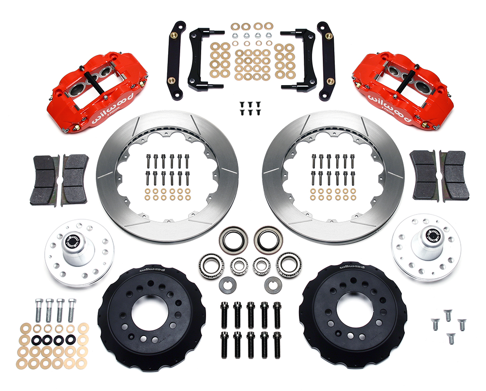 Wilwood Forged Narrow Superlite 6R Big Brake Front Brake Kit (Hub) Parts Laid Out - Red Powder Coat Caliper - GT Slotted Rotor