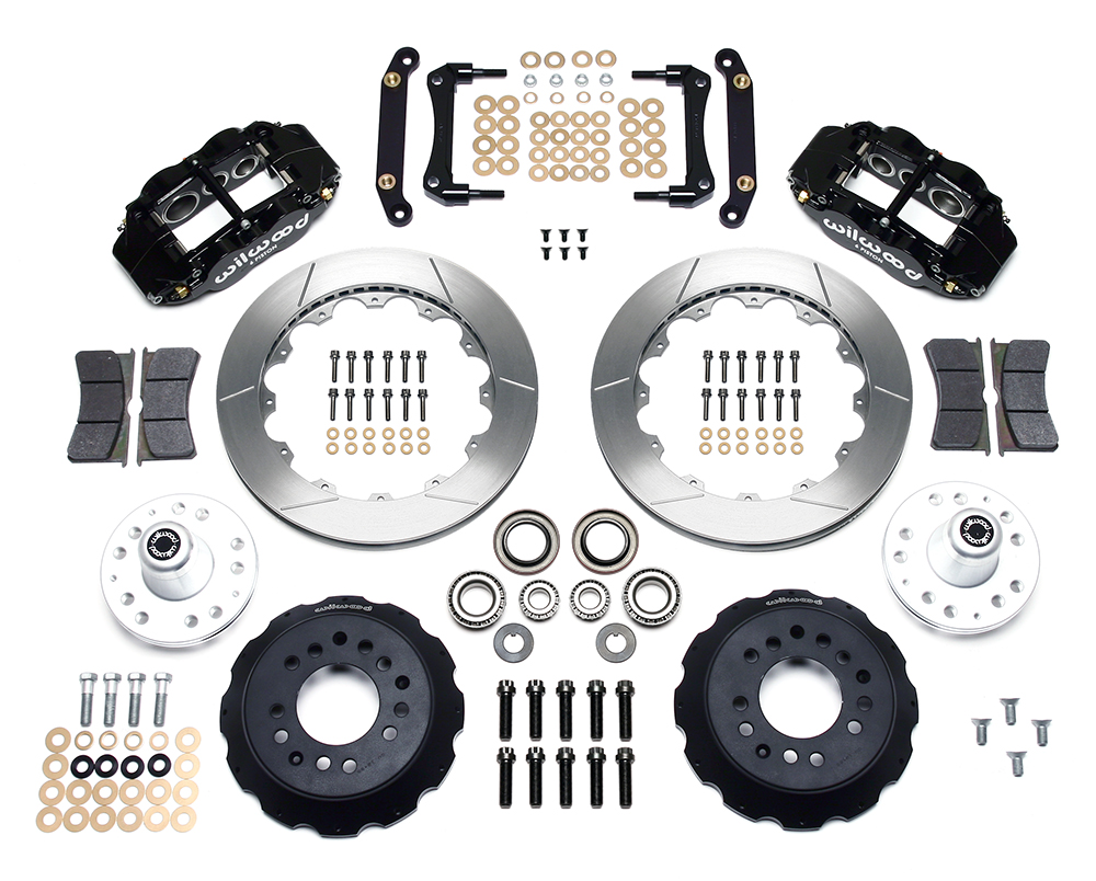 Wilwood Forged Narrow Superlite 6R Big Brake Front Brake Kit (Hub) Parts Laid Out - Black Powder Coat Caliper - GT Slotted Rotor