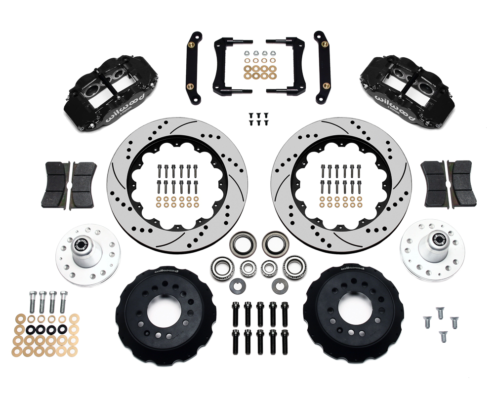 Wilwood Forged Narrow Superlite 6R Big Brake Front Brake Kit (Hub) Parts Laid Out - Black Powder Coat Caliper - SRP Drilled & Slotted Rotor