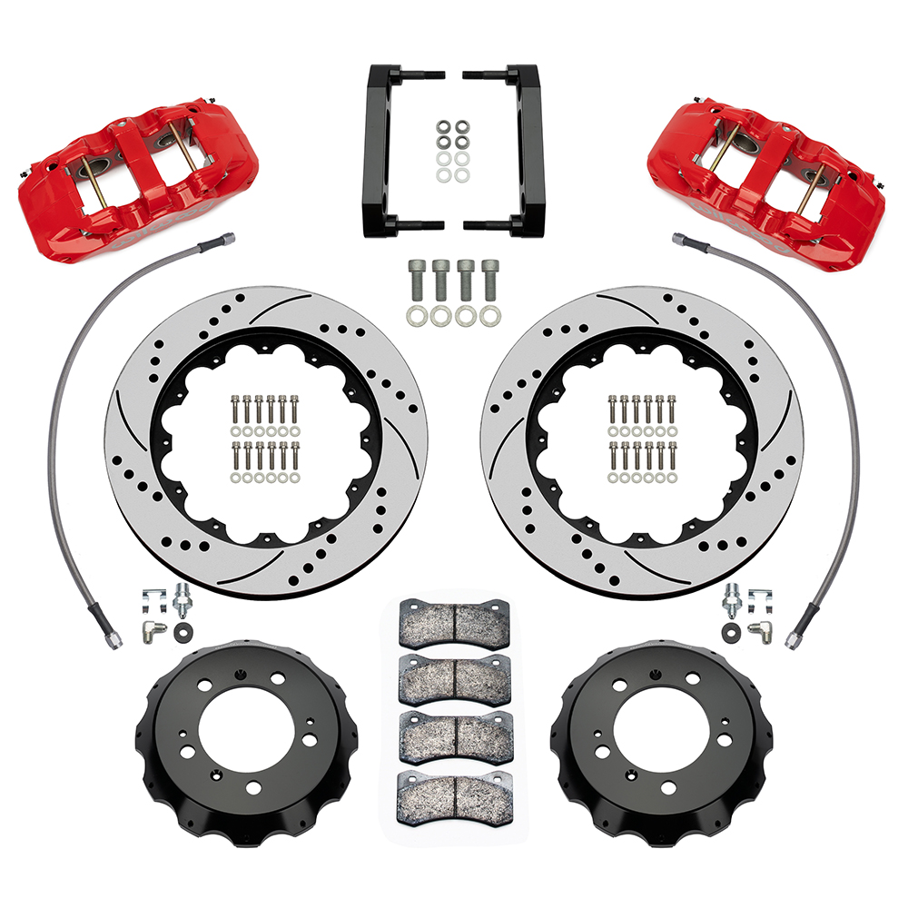 Wilwood AERO6 Big Brake Front Brake Kit Parts Laid Out - Red Powder Coat Caliper - SRP Drilled & Slotted Rotor