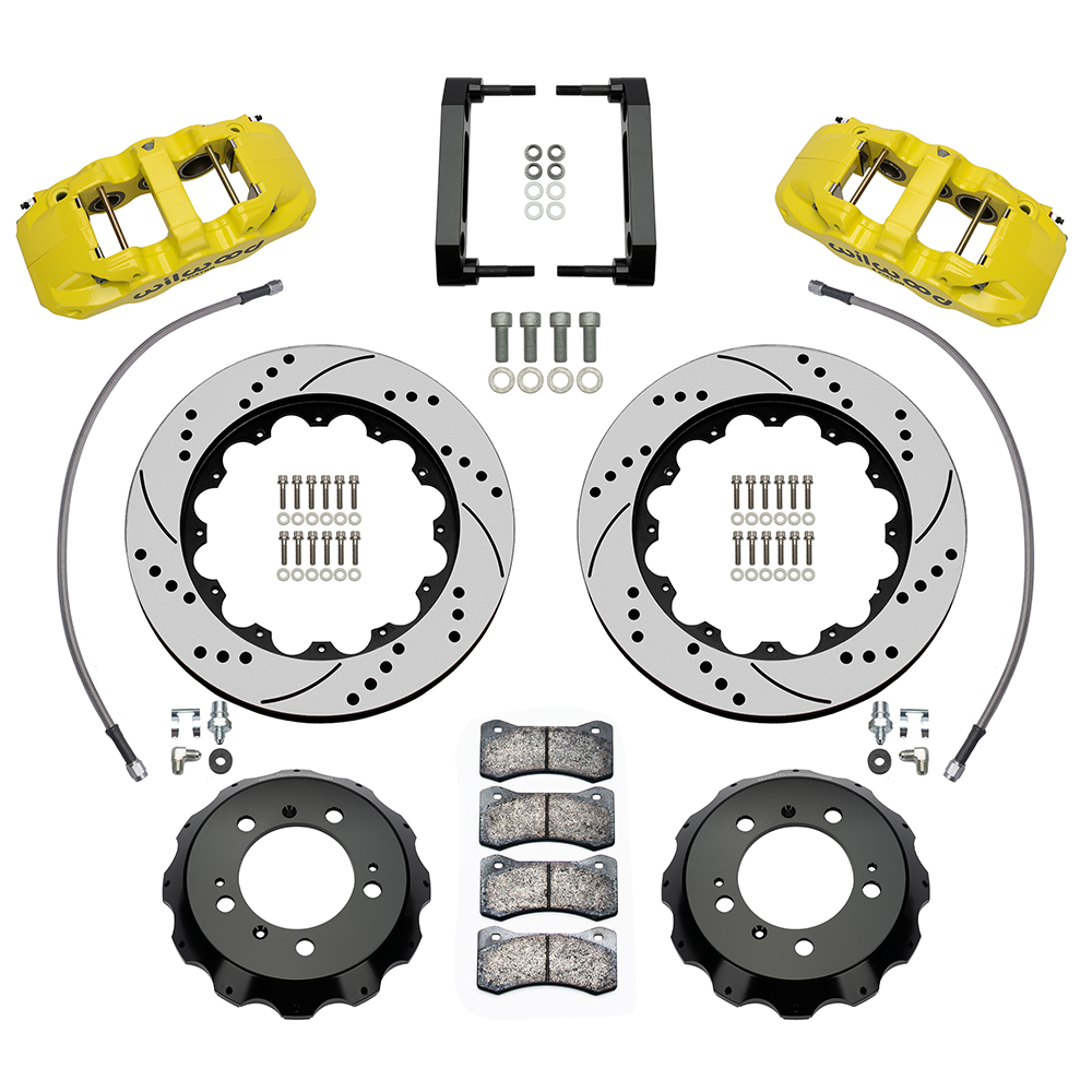 Wilwood AERO6 Big Brake Front Brake Kit Parts Laid Out - Red Powder Coat Caliper - SRP Drilled & Slotted Rotor