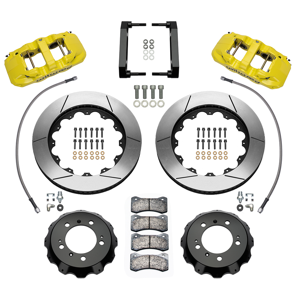 Wilwood AERO6 Big Brake Front Brake Kit Parts Laid Out - Red Powder Coat Caliper - GT Slotted Rotor